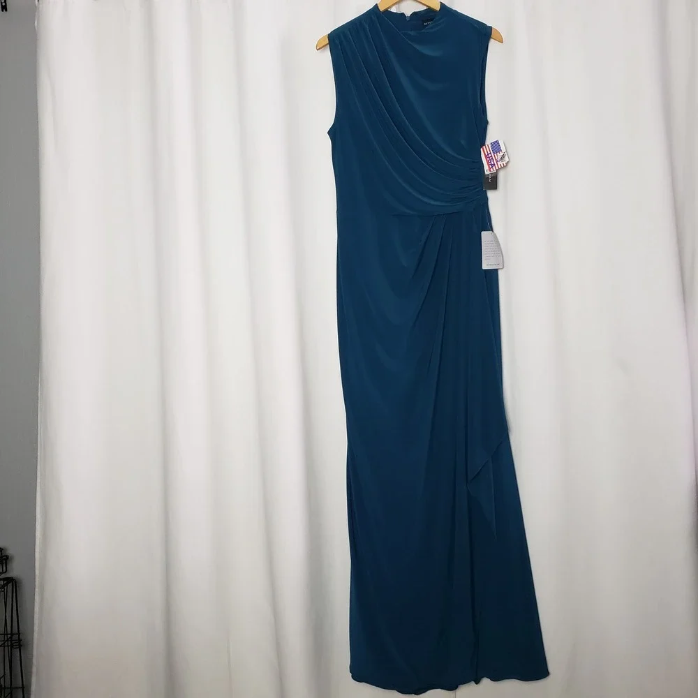 Betsy & Adam Dress Size 12 Mallard Teal Ruched Mock Neck Draped Maxi Gown - Picture 3 of 11